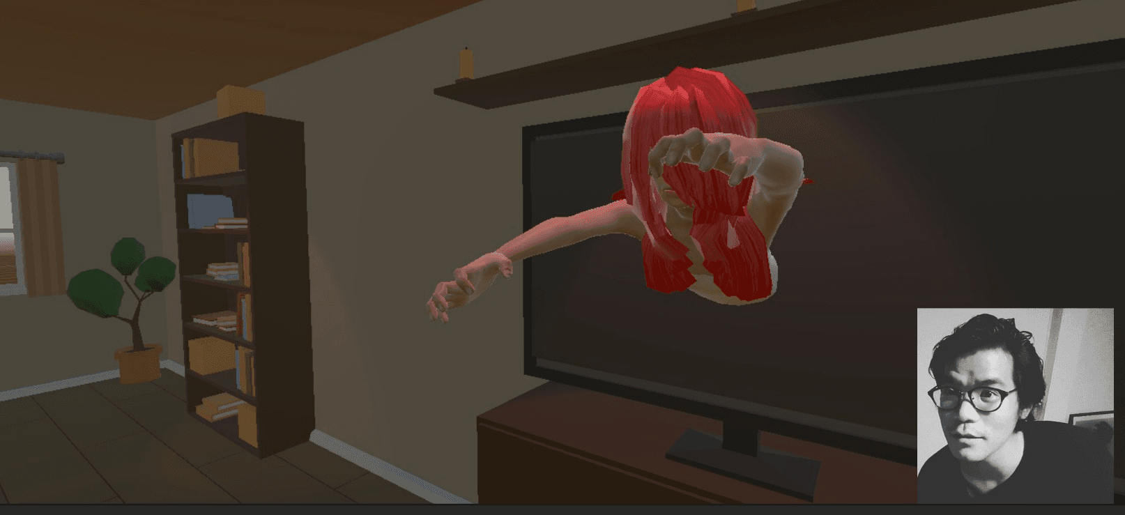 A person with red hair coming out of a TV, with an inset black and white photo of a person in the bottom right