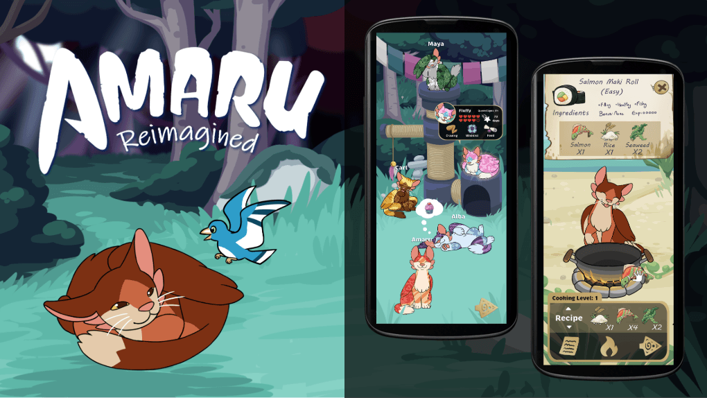 Werbebanner für das Handyspiel „Amaru Reimagined“, das stilisierte katzenähnliche Wesen in einem Wald sowie Screenshots aus dem Spiel zeigt, die die Pflege von Haustieren und das Kochen darstellen.
