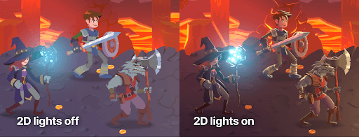 Screenshot of game - 3D lights on vs 3D lights off.