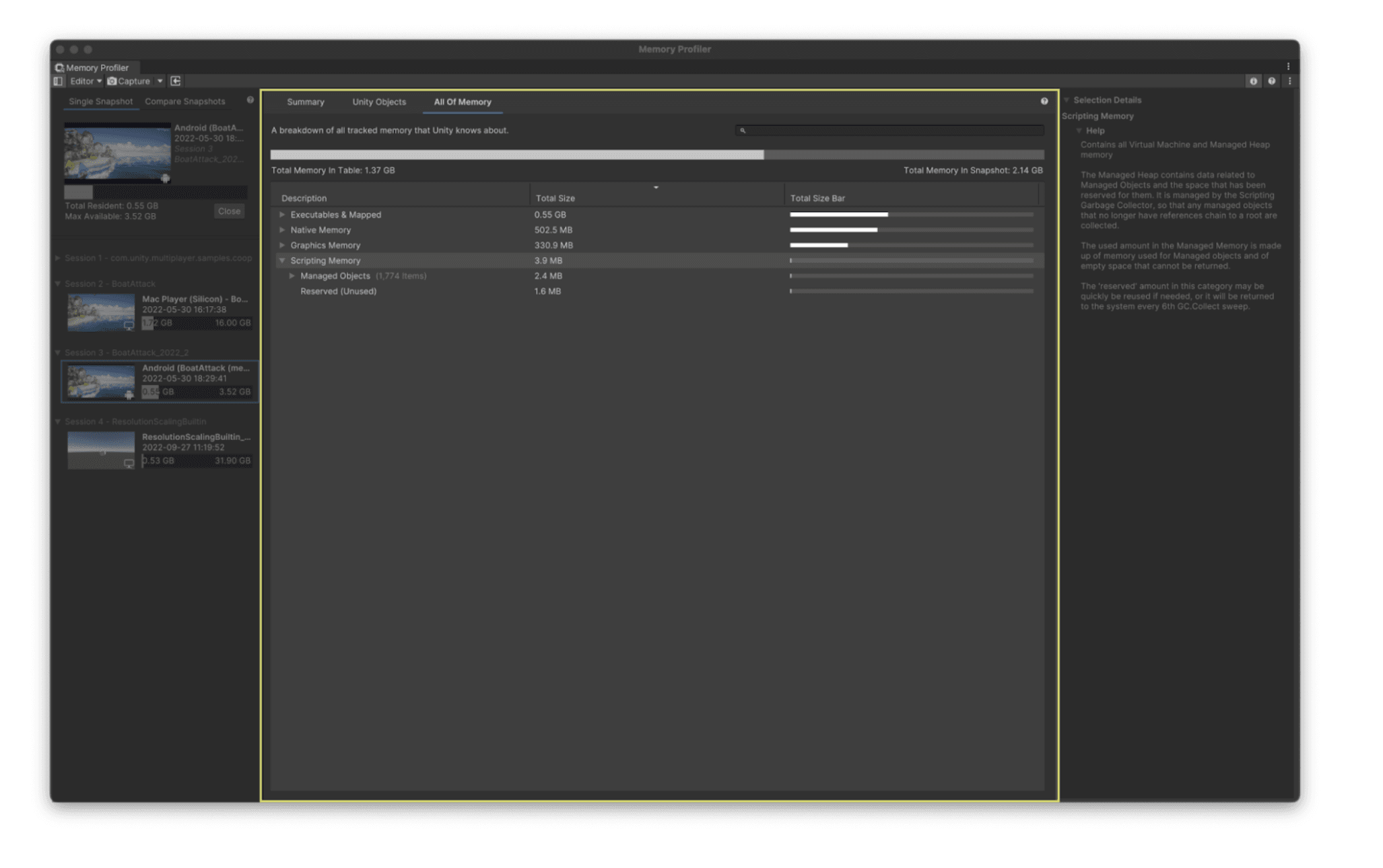 Main section – All of Memory view
