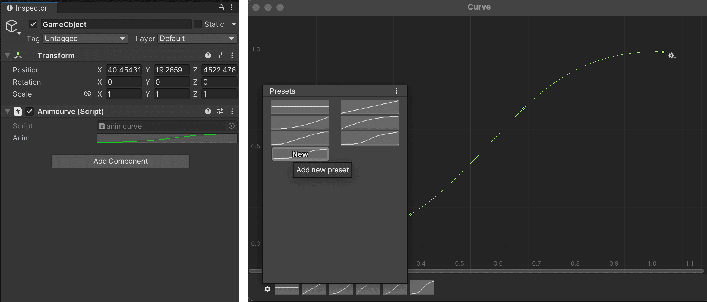 An Animation Curve property in the Inspector