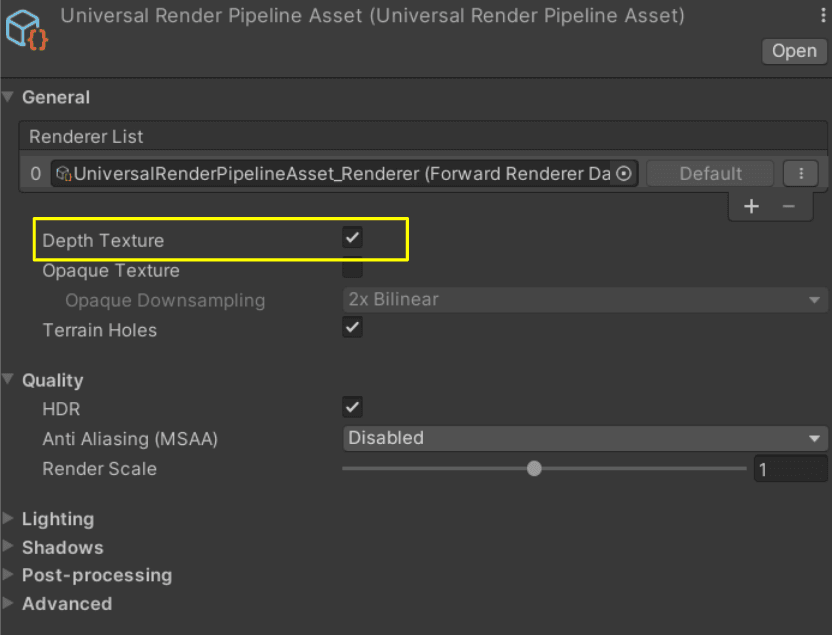 Unity 编辑器中 "通用渲染管道资产 "窗口的视图,显示如何找到 "深度纹理 "选项