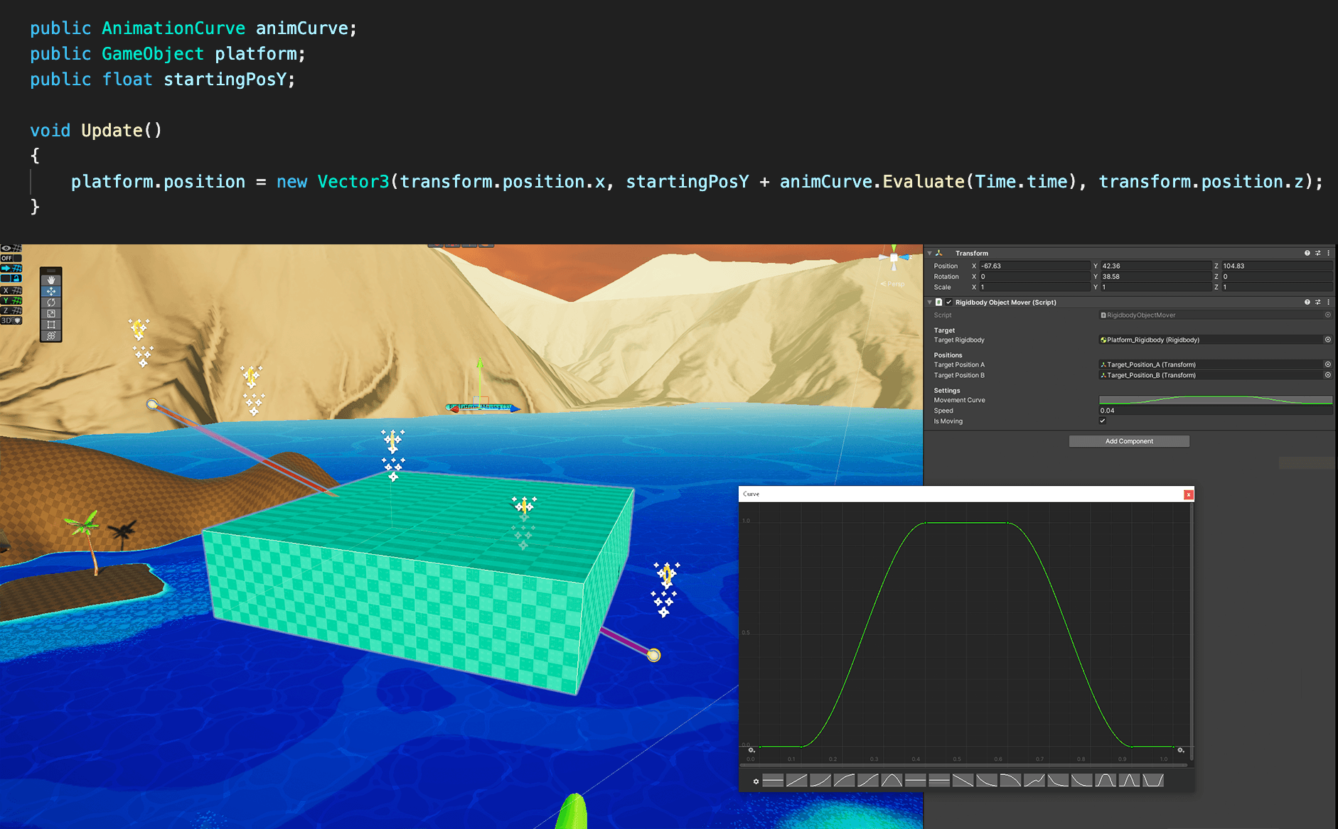 A green block floating on blue water, surrounded by mountains, in Unity
