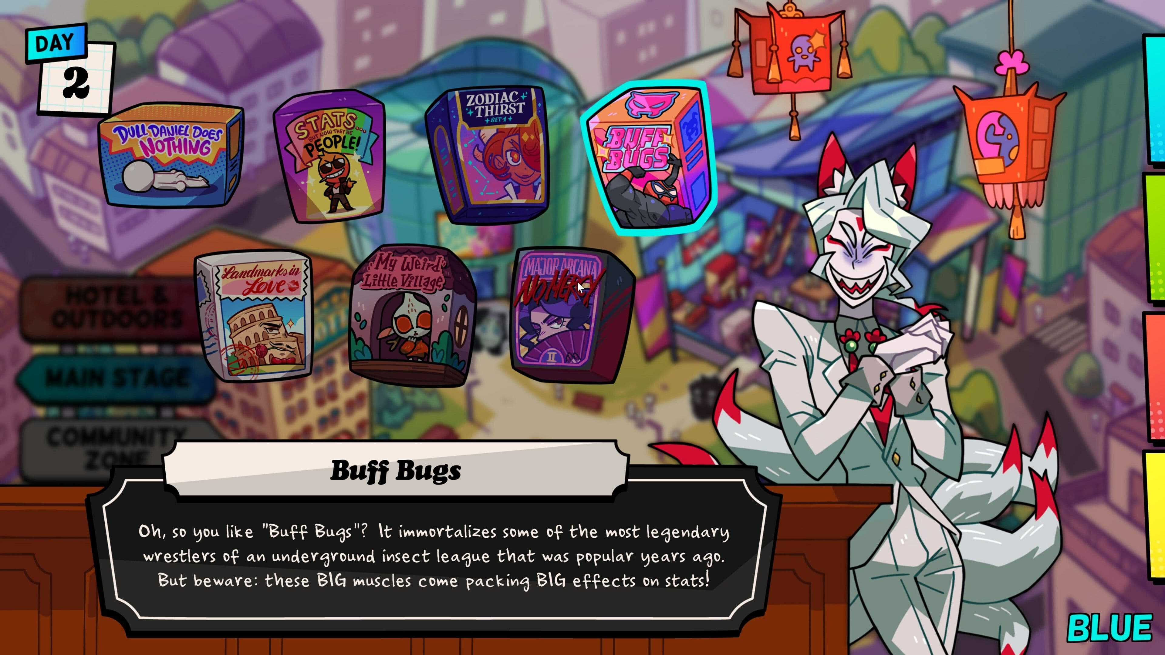 Screenshot from Monster Prom 4: Monster Con by Beautiful Glitch | Made with Unity. A cartoon rendition of a ninetails fox wearing a white pantsuit in front of a variety of options to be chosen by the player.