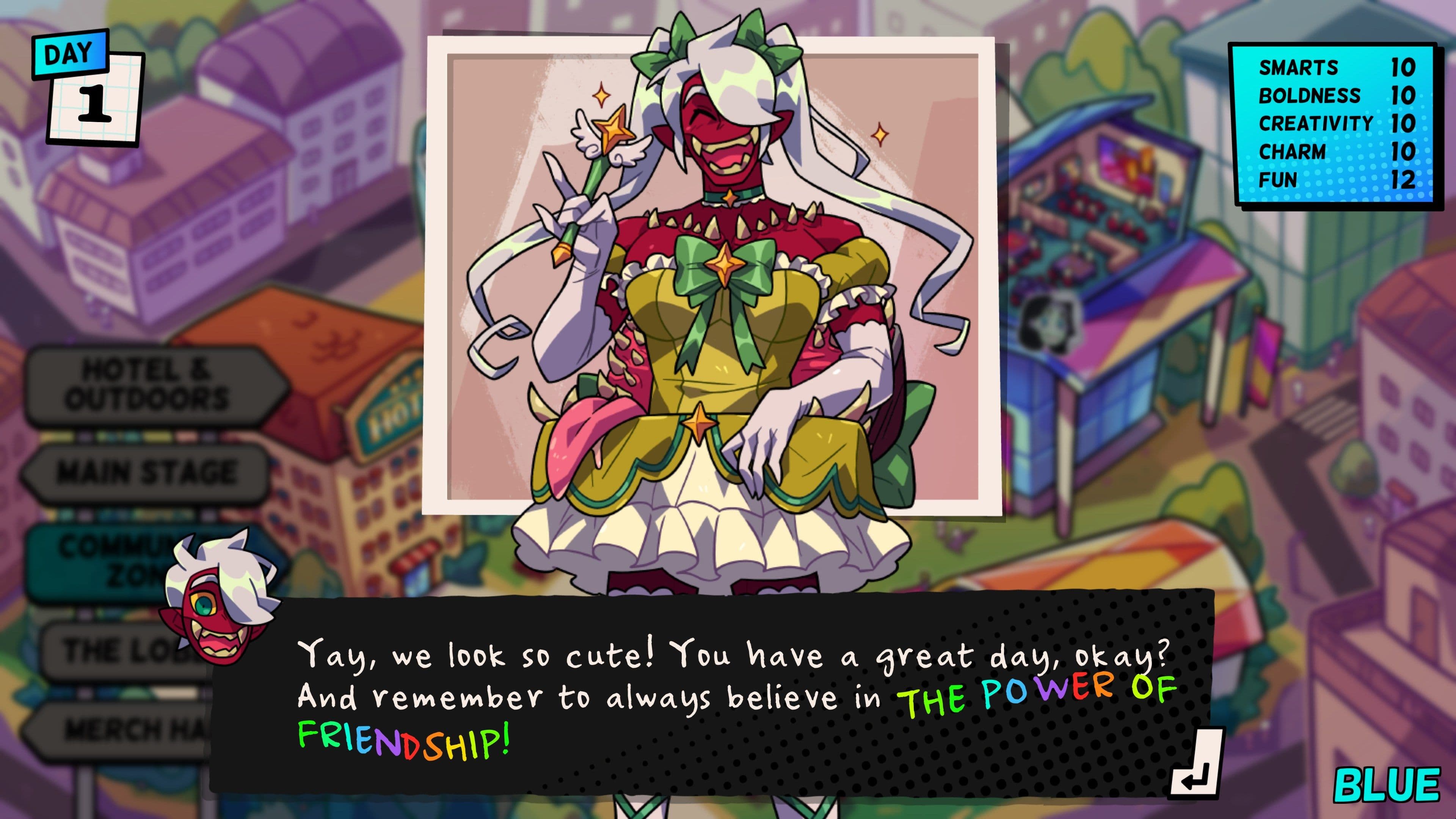 Screenshot from Monster Prom 4: Monster Con by Beautiful Glitch | Made with Unity. Characters from the game: Nico is a red devil/ogre/cyclops dressed and styled as a magical girl, with a green dress and white hair styled into twintails tied with green bows. In their dialog box below, they espouse the power of friendship.
