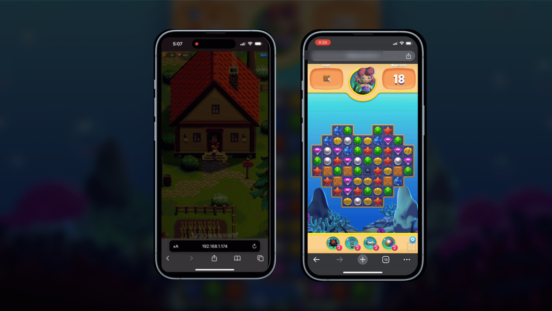 Ein GIF der Unity-Demo-Inhalte „Happy Harvest“ und „Gem Hunter Match“ auf Android- und iPhone-Geräten.