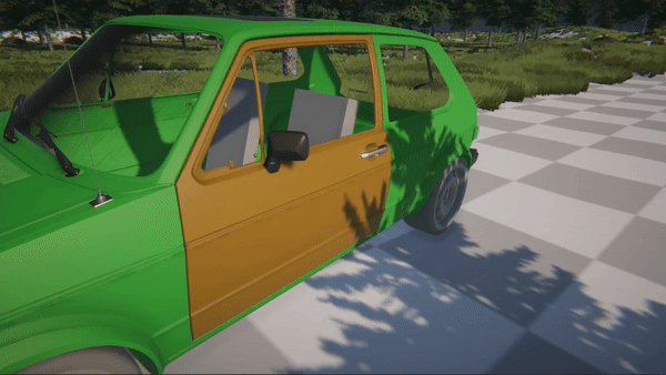 A brown door opening and closing on a green gar in the Unity editor