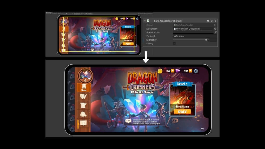 An image showing how the SafeArea API works in Unity's UI Toolkit, helping you to contain UI functionality within the usable screen area of your device