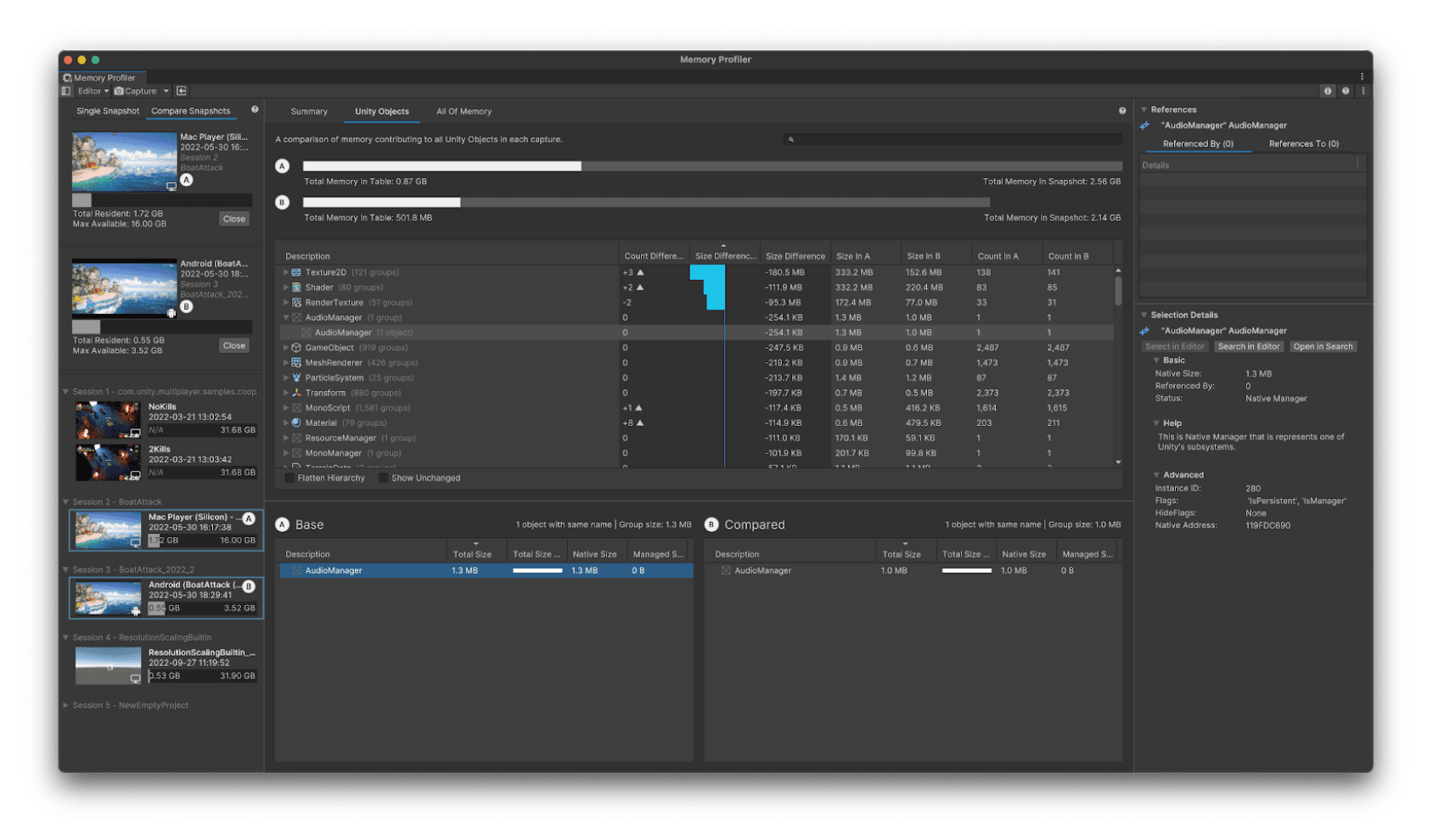 Unity Objects and All of Memory views using Compare mode