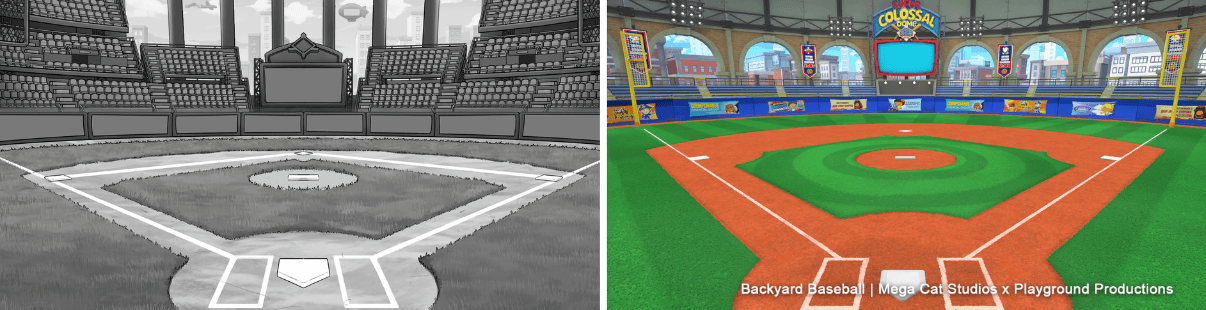 Early concept art for the Super Colossal Dome, next to how it looks in the 3D level