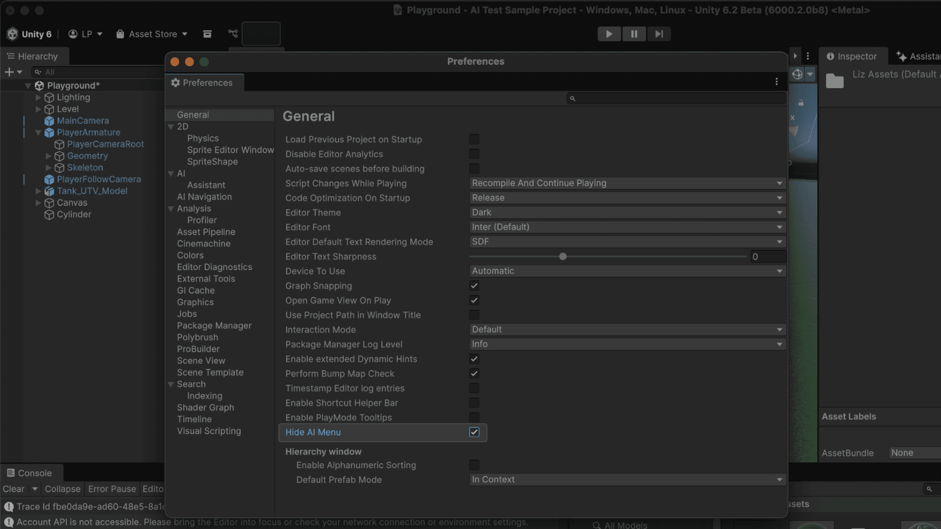 Hide AI Menu in project settings