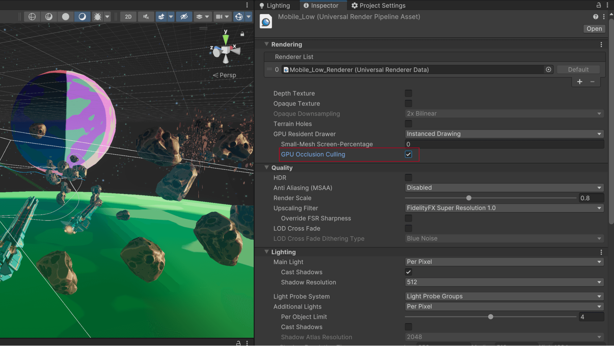 Render Pipeline Asset(渲染管线资源)的GPU Occlusion Culling(GPU遮挡剔除)选项。