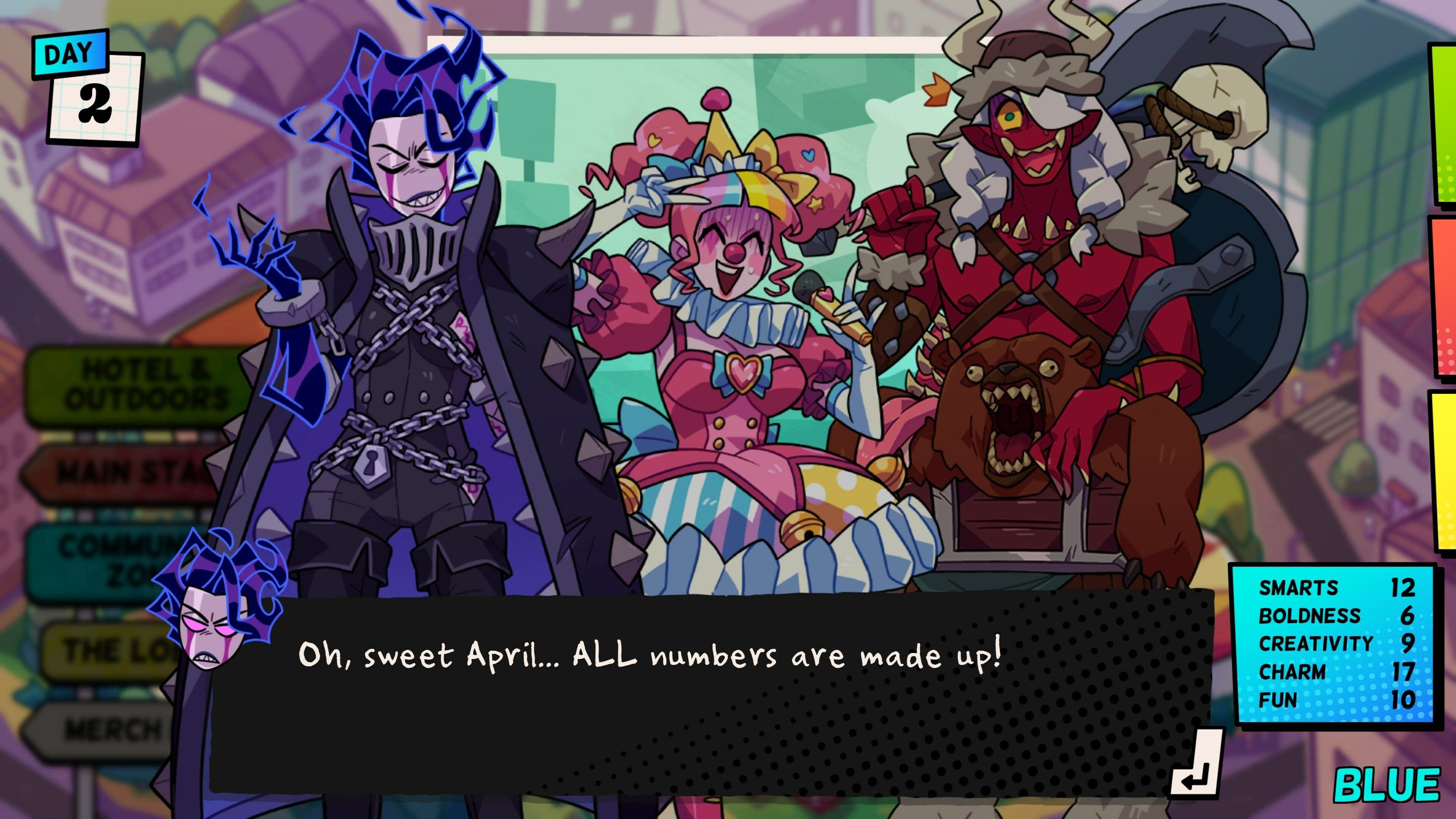 Screenshot from Monster Prom 4: Monster Con by Beautiful Glitch | Made with Unity. Three cartoon characters standing side by side: A vampire, a clown, and a devil/barbarian.