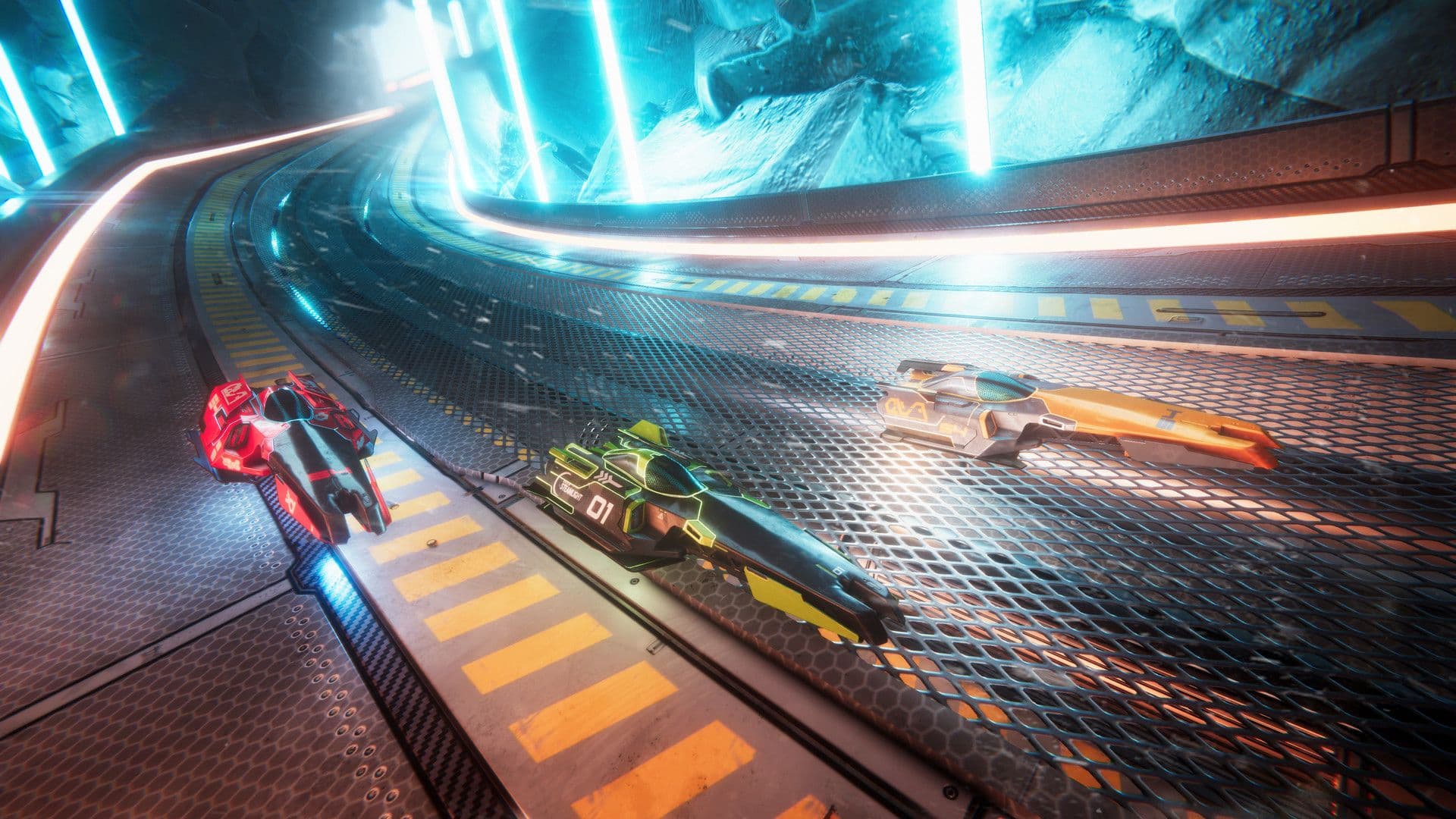 Three futuristic looking cars are racing on a large grid road with neon blue lights surrounding the road