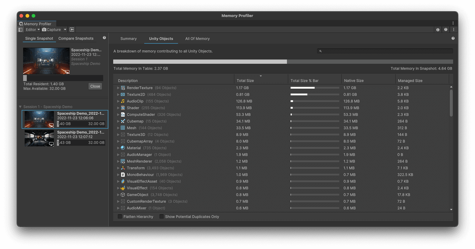 The amount of memory associated with Unity Objects in this capture is dominated by RenderTexture and Texture2D types.