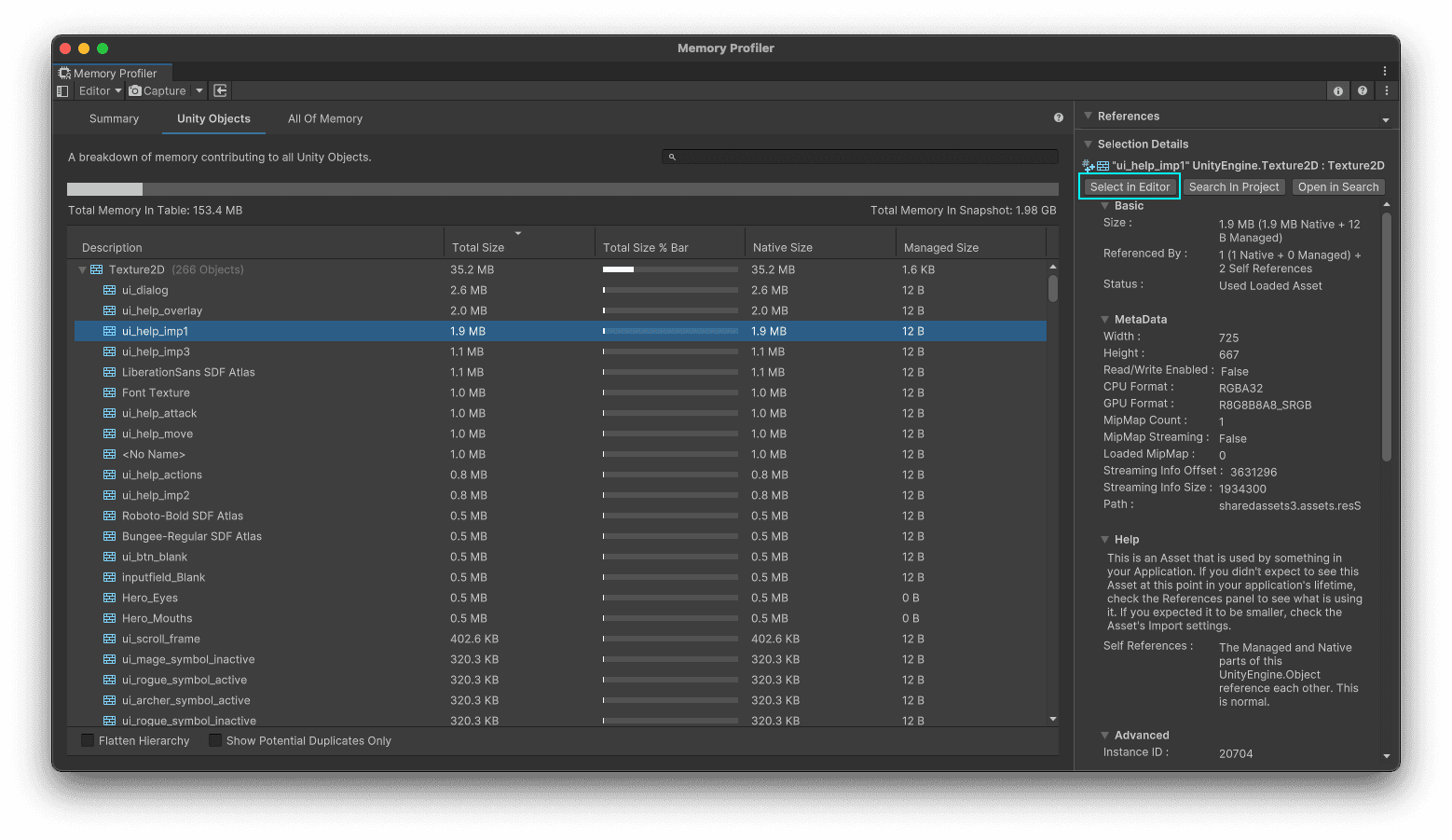 Use the “Select In Editor” button in the Details view to select the source asset in the Project window.