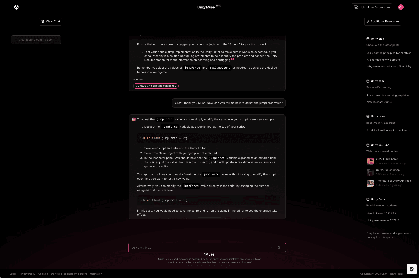Muse Chat view of the tool’s response to the follow-up question: “Great, thank you Muse! Now, can you tell me how to adjust the jumpForce value?”
