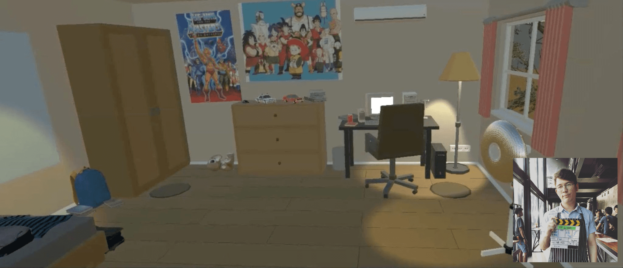 Bedroom with a closet, bed, desk with a computer, posters on the wall, and an inset photo of a person on the bottom right