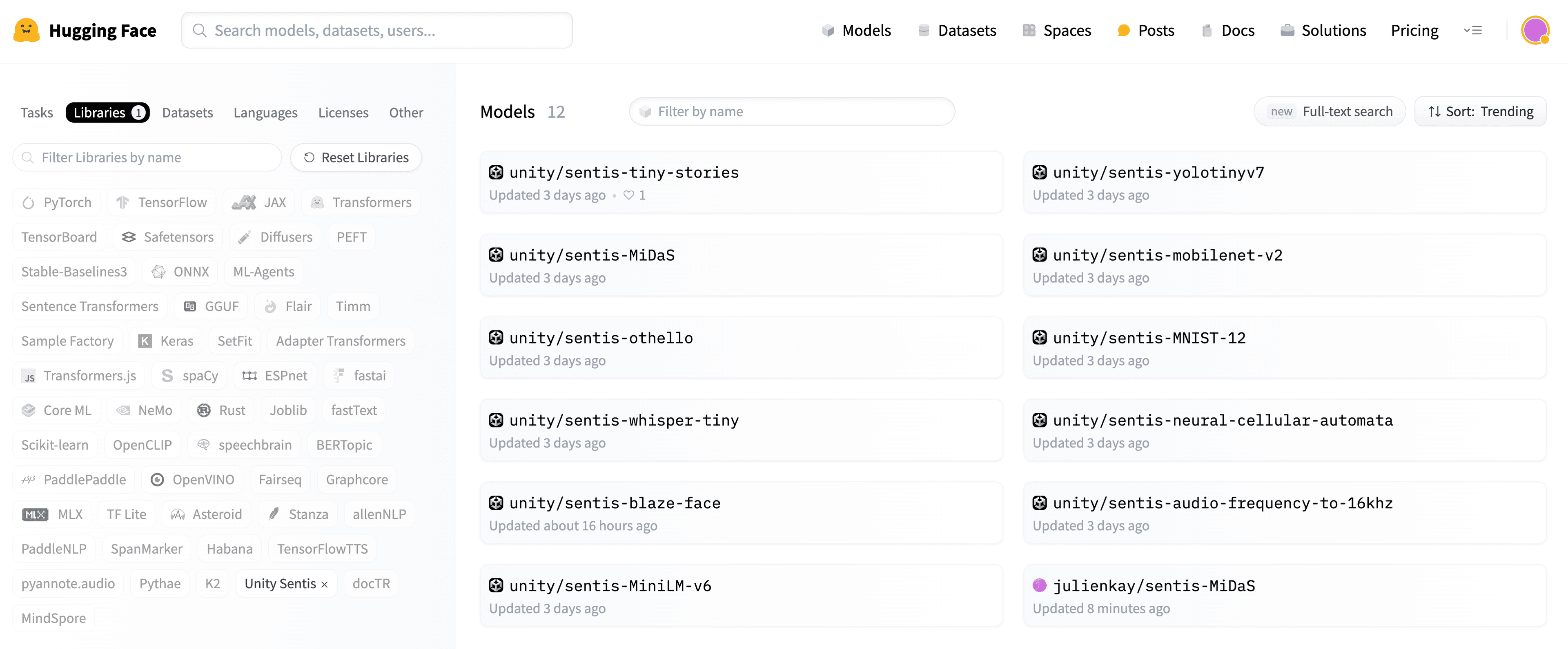 Unity Sentis validated models on Hugging Face