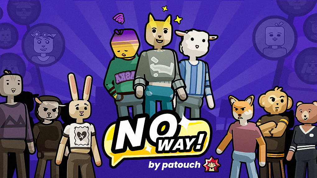 Promotional banner for the game "No Way! by patouch" featuring a lineup of diverse, stylized animal-headed characters on a vibrant purple background.