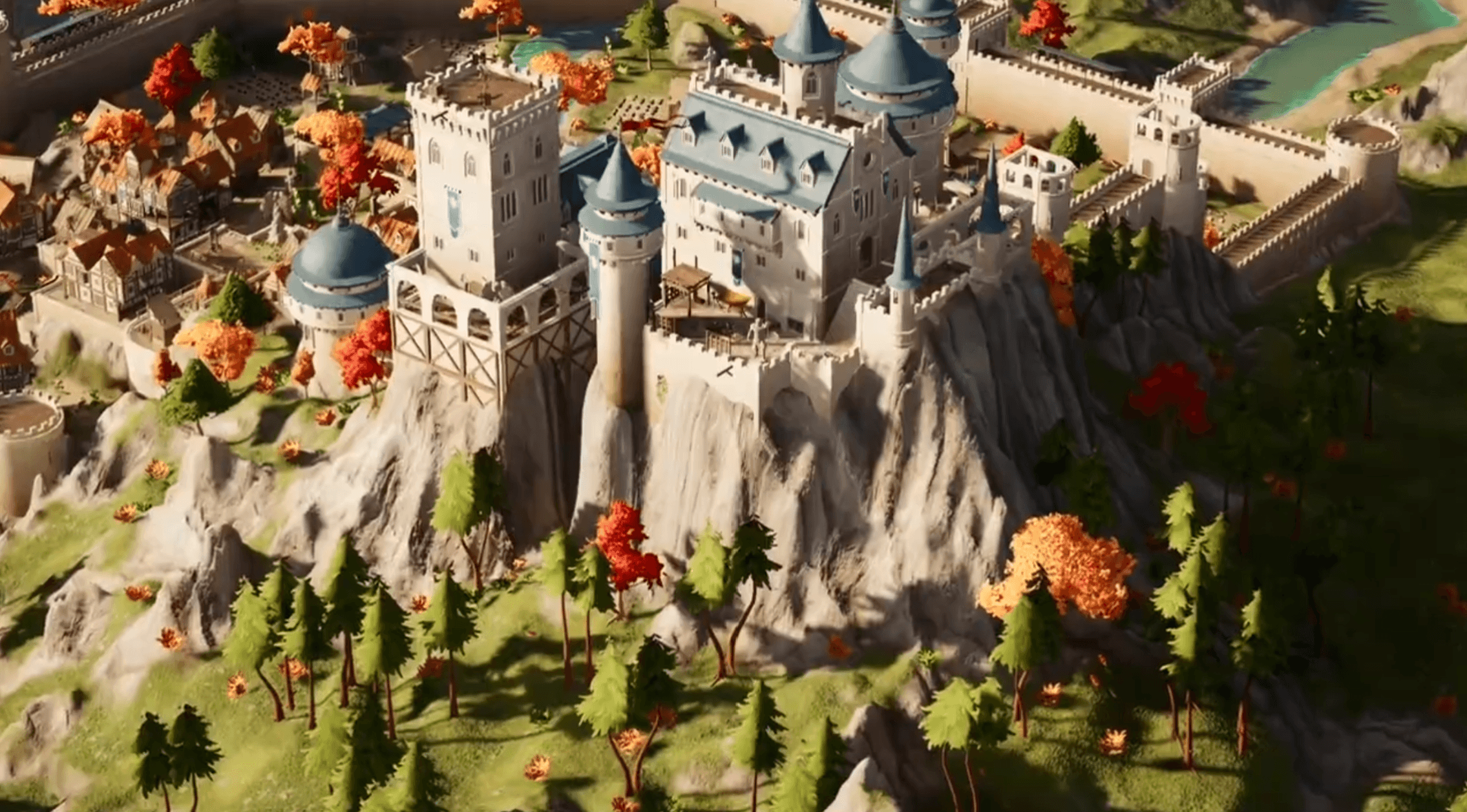 Unity URP rendering of a medieval castle built on top of a mountain. It's fall and sunny.