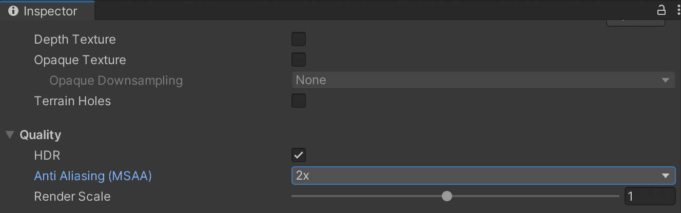 In URP, locate the MSAA settings on the Render Pipeline Asset.