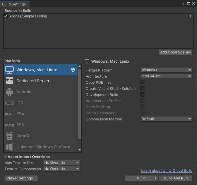 The Build Settings window