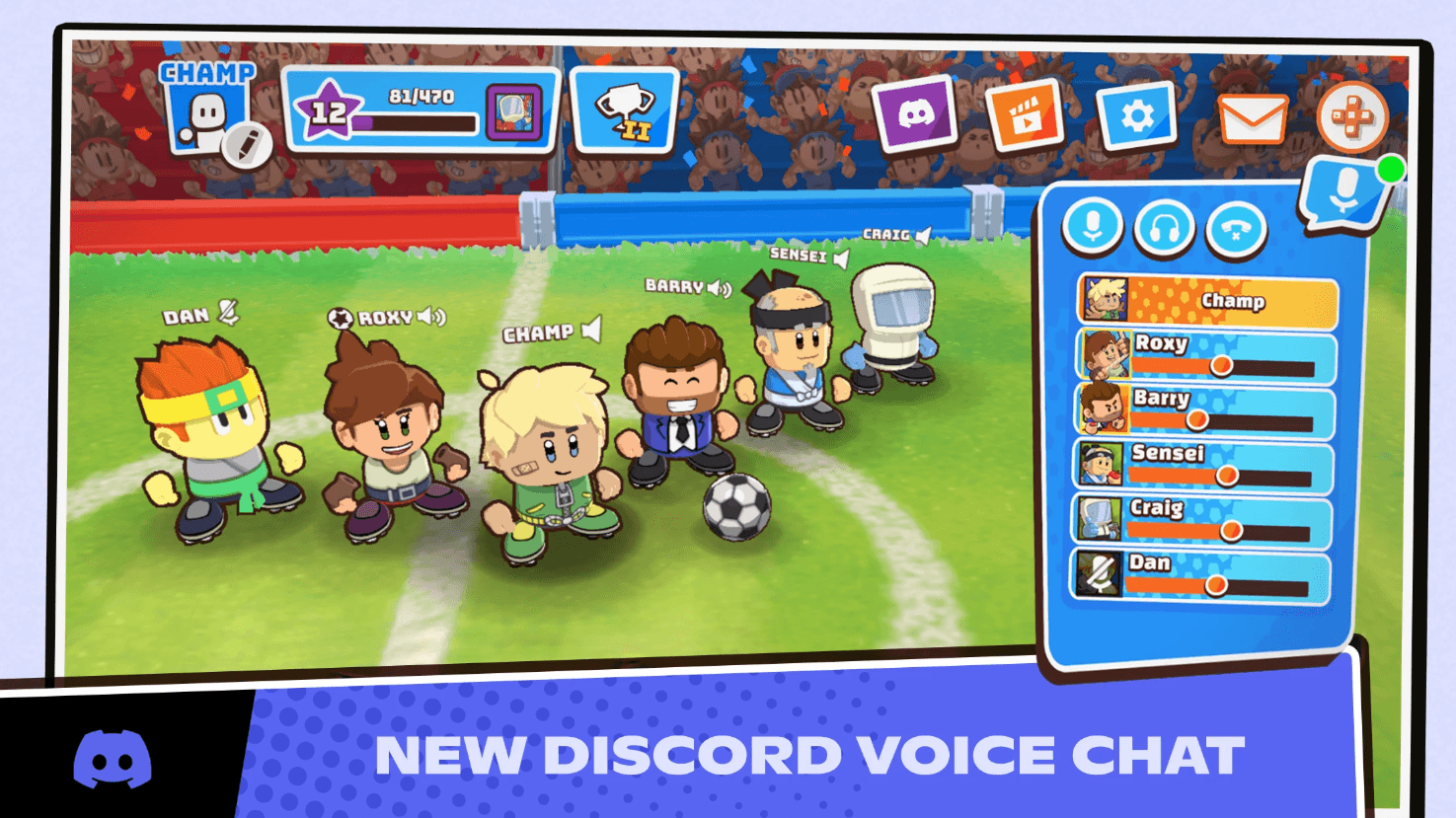 Discord 음성 채팅 통합 발표 배너 있는 Halfbrick Sports 게임플레이 스크린샷