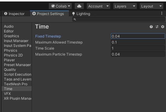 Establecer el paso de tiempo fijo en 0,04 en la configuración del proyecto