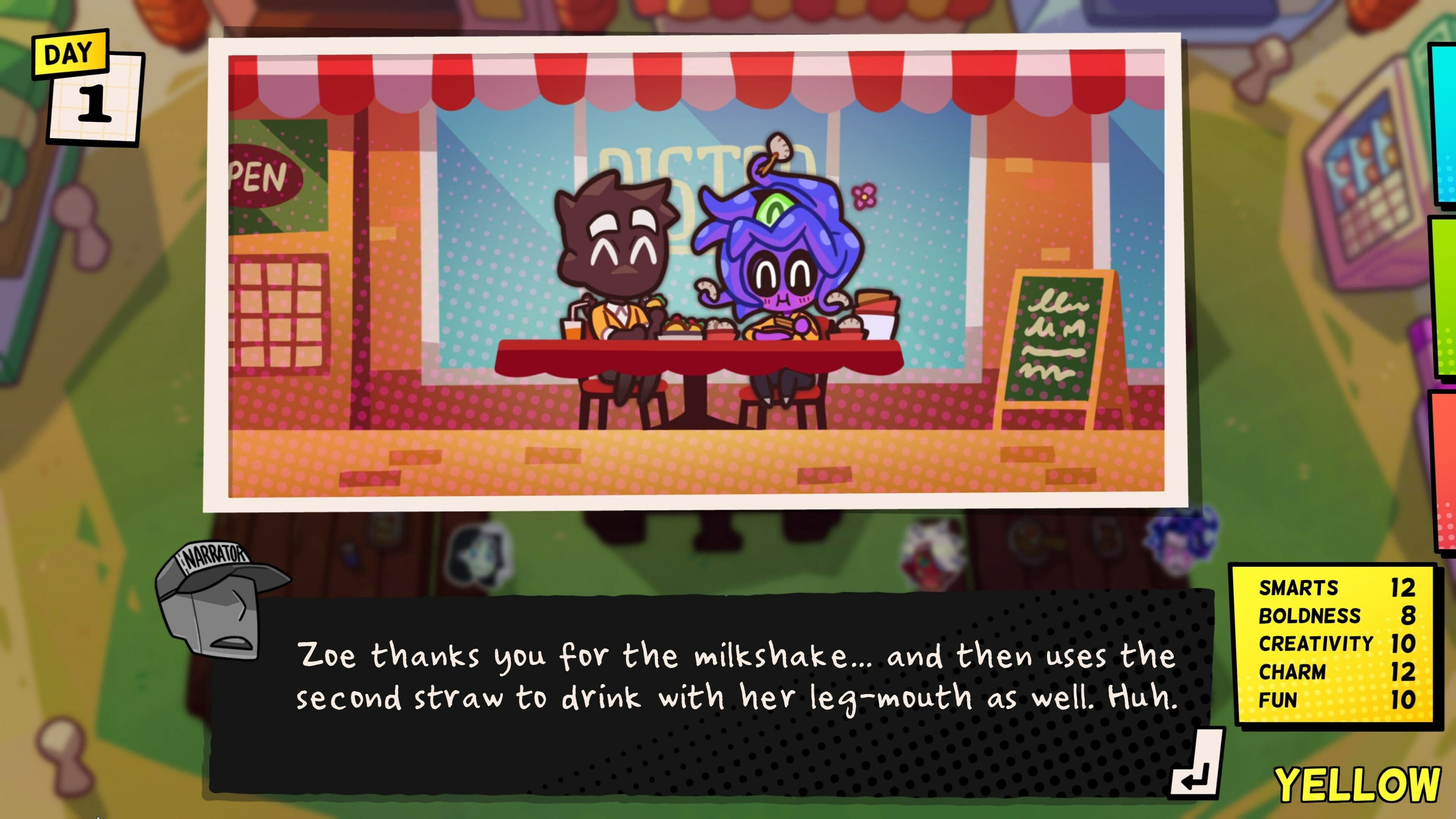 Screenshot from Monster Prom 4: Monster Con by Beautiful Glitch | Made with Unity. Two monsters drawn in a chibi style eating dinner outside at a fast food restaurant.