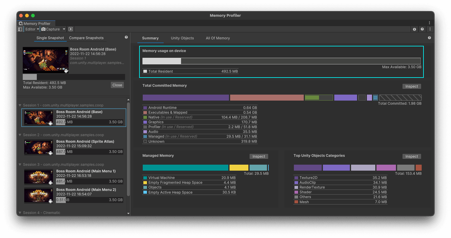 Our application’s memory footprint is displayed by the Memory Usage On Device indicator.