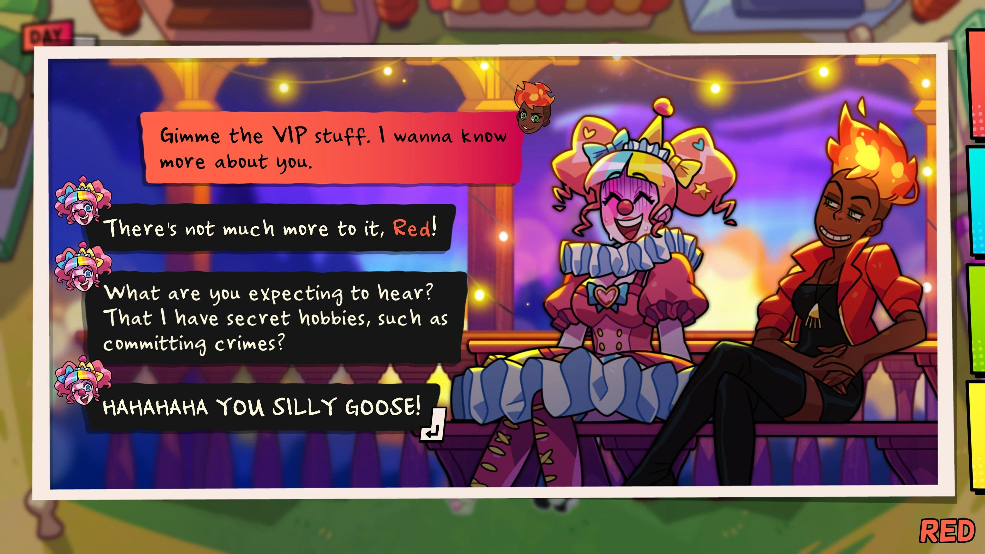 Screenshot from Monster Prom 4: Monster Con by Beautiful Glitch | Made with Unity. Cartoon image of a clown and a person with flames for hair sitting on a bench. To the left of them are dialog options.