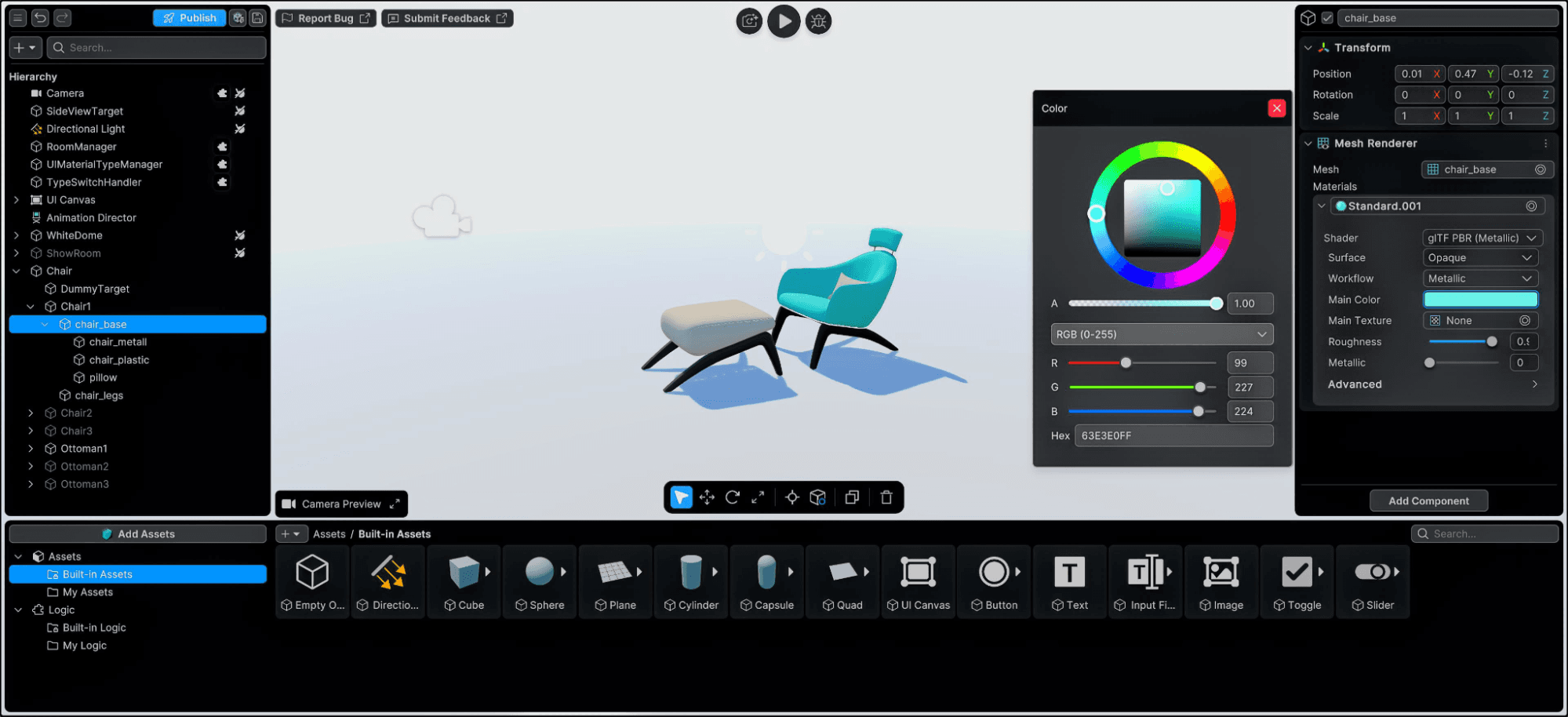 在 Unity Studio 中编辑椅子材质的颜色。非程序员的实时3D入门指南。