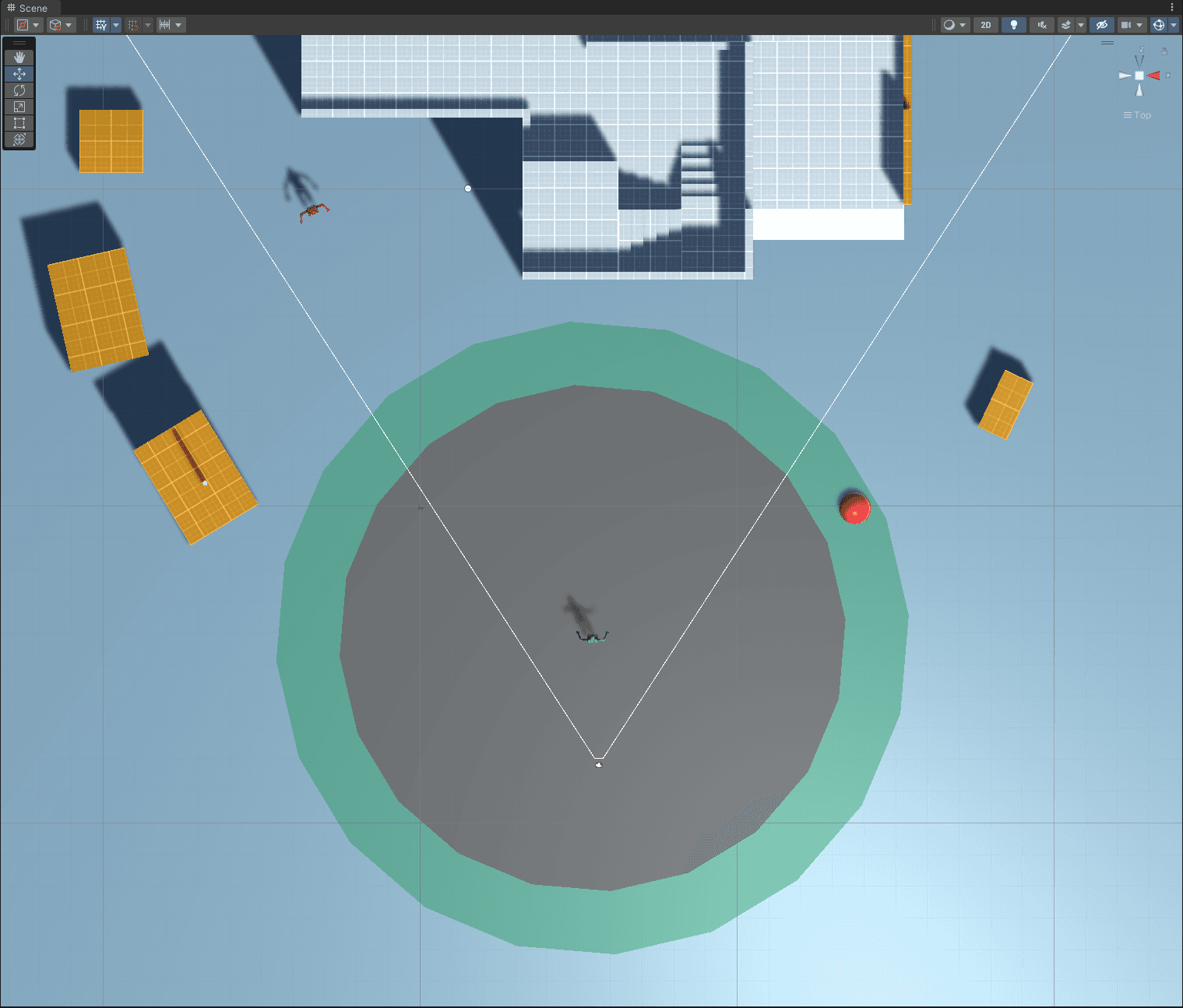 image of a lowpoly space with a white crosshair over a grey and green circle