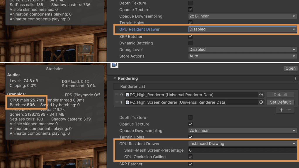 GPU Resident Drawer and GPU Occlusion Culling options in the URP Asset in Unity 6