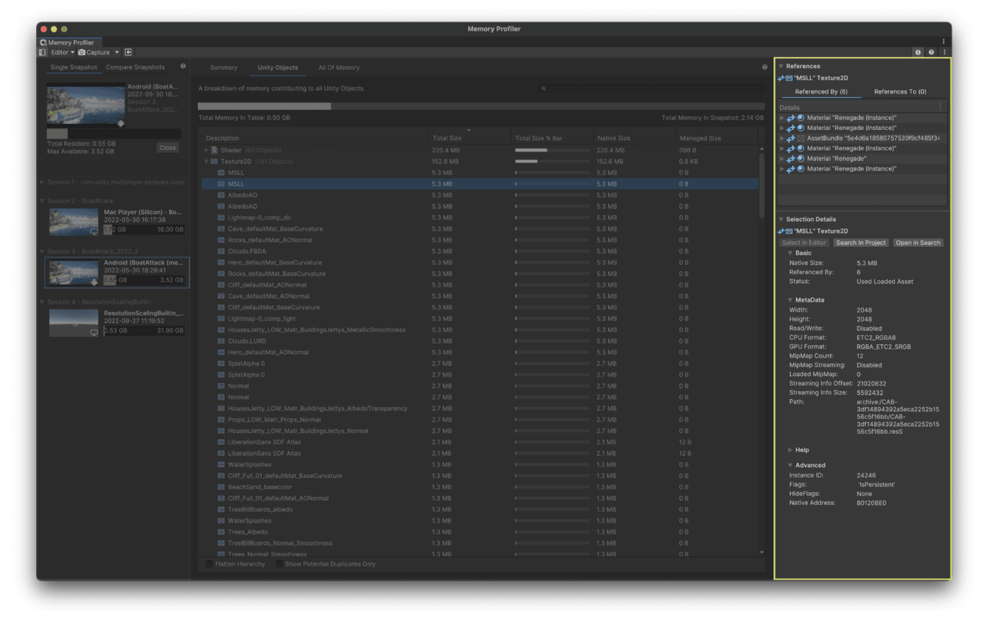 Selection details view