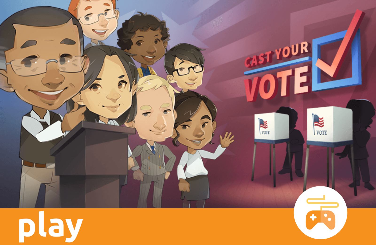 People standing behind a podium, next to voting booths and the words, "Cast your vote"