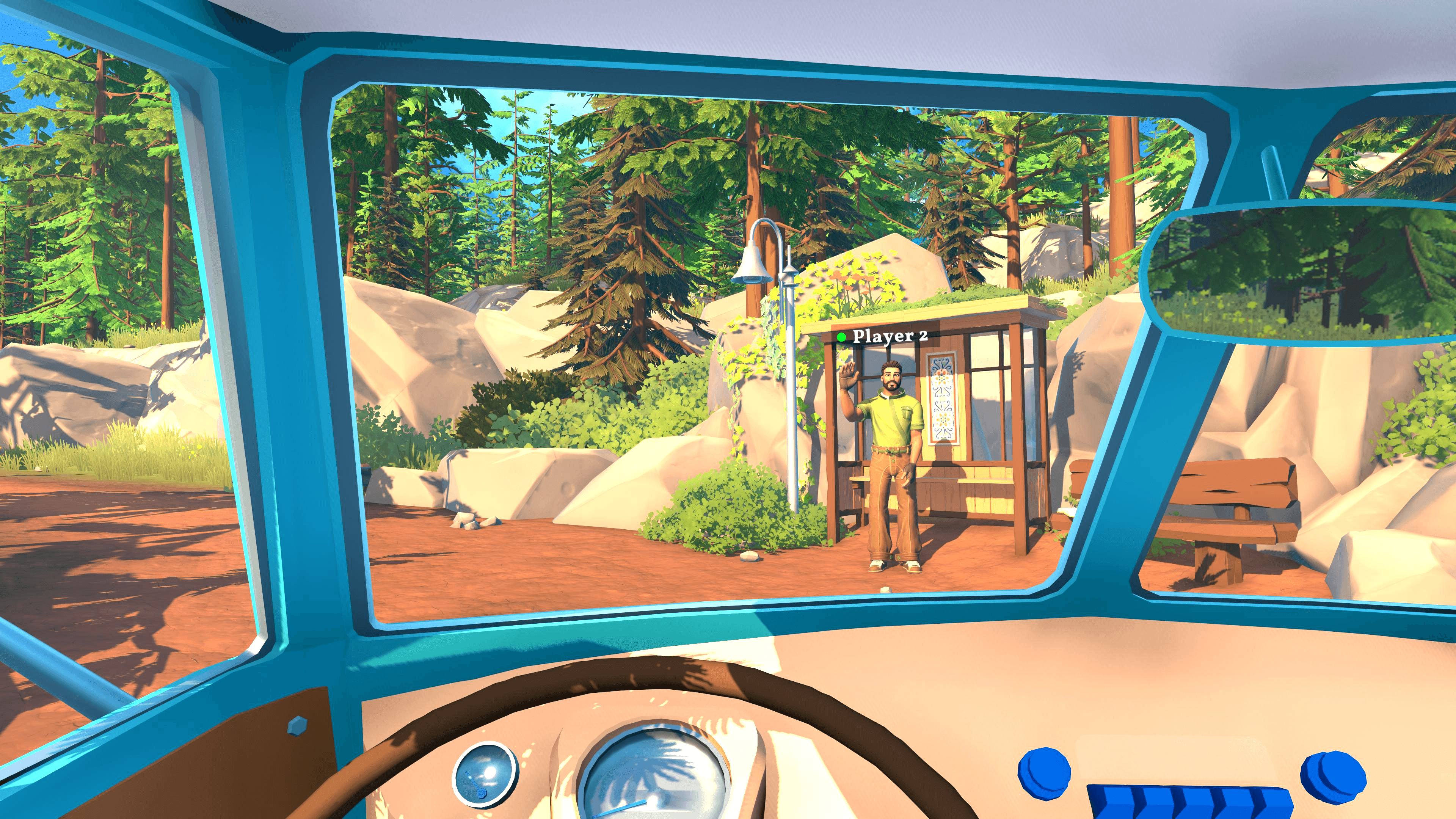 Unity로 제작된 Square Glade Games의 Outbound의 인게임 스크린샷입니다. 캠퍼밴의 운전석에서 본 모습입니다. 노란 셔츠와 갈색 바지를 입은 남자가 버스 정류장에서 손을 흔들고 있습니다. 배경에는 침엽수 숲이 있고 도로는 붉은 흙입니다.