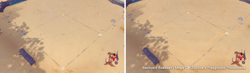 Sandy flats without decals (left) vs them with footprint decals (right)
