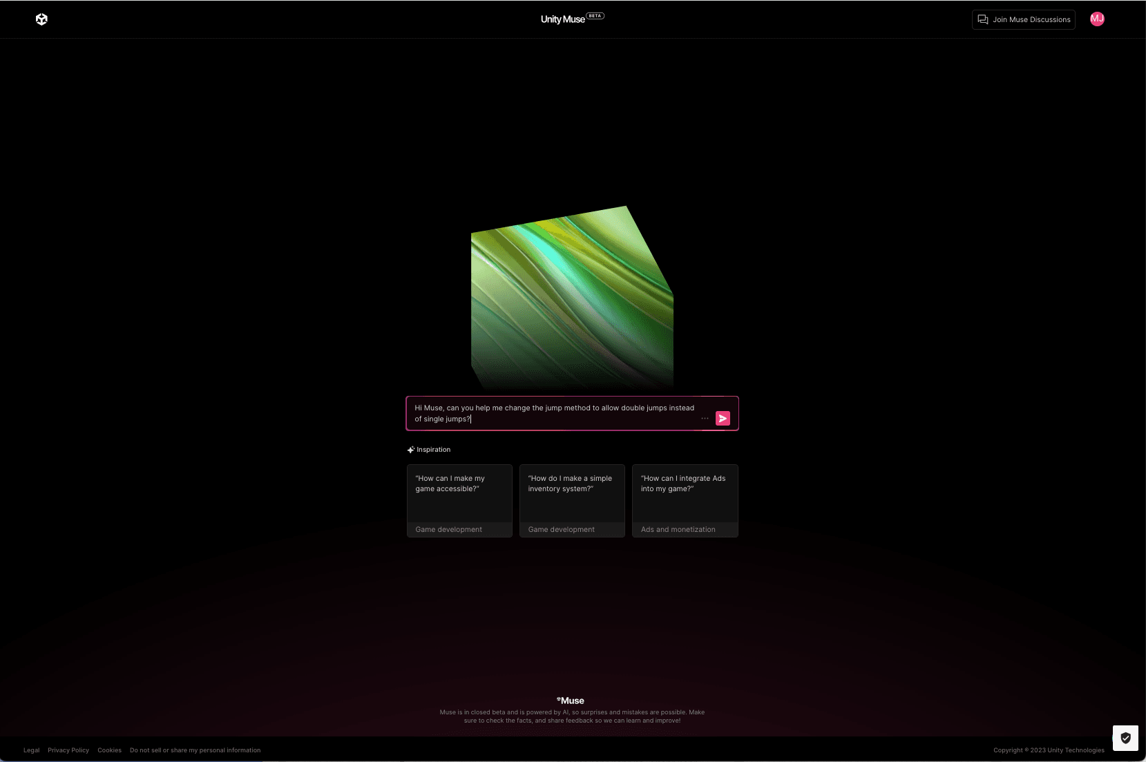 Muse Chat interface view, displaying how to type a question in the tool. Prompt show is: “Hi Muse, can you help me change the jump method to allow double jumps instead of single jumps?”