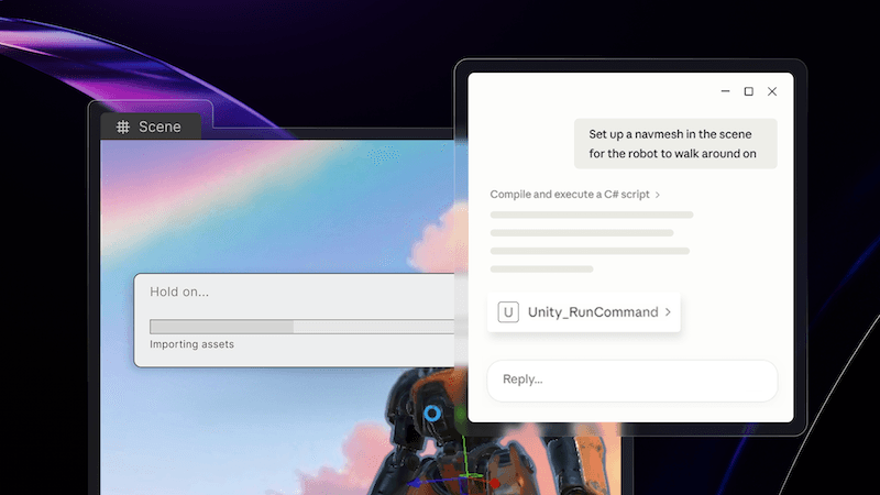 A screenshot featuring a split-screen view: on the left is the Unity engine interface showing a 3D scene with a robot model, an "Importing assets" progress bar, and the project file hierarchy; on the right is a chat window titled "Move robot character up in Unity." The chat shows an AI agent (Claude) explaining its process for setting up a NavMesh system for the robot, including steps to "Compile and execute a C# script," use "Unity_RunCommand," and attach a "RandomWander" component. The chat includes a text input field at the bottom labeled "Reply..." with an active "Sonnet 4.6" model selection.