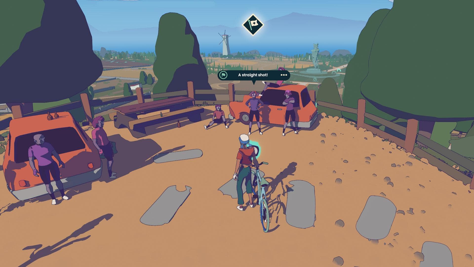 Wheel World by Messhofのスクリーンショット | Made with Unity。赤いシャツと緑のパンツを着た人が、腰にティールの自転車を持って立っています。彼らの前には、紫のシャツを着た人々が外に立っている2台の赤い車があります。背景には森林と風車があります。