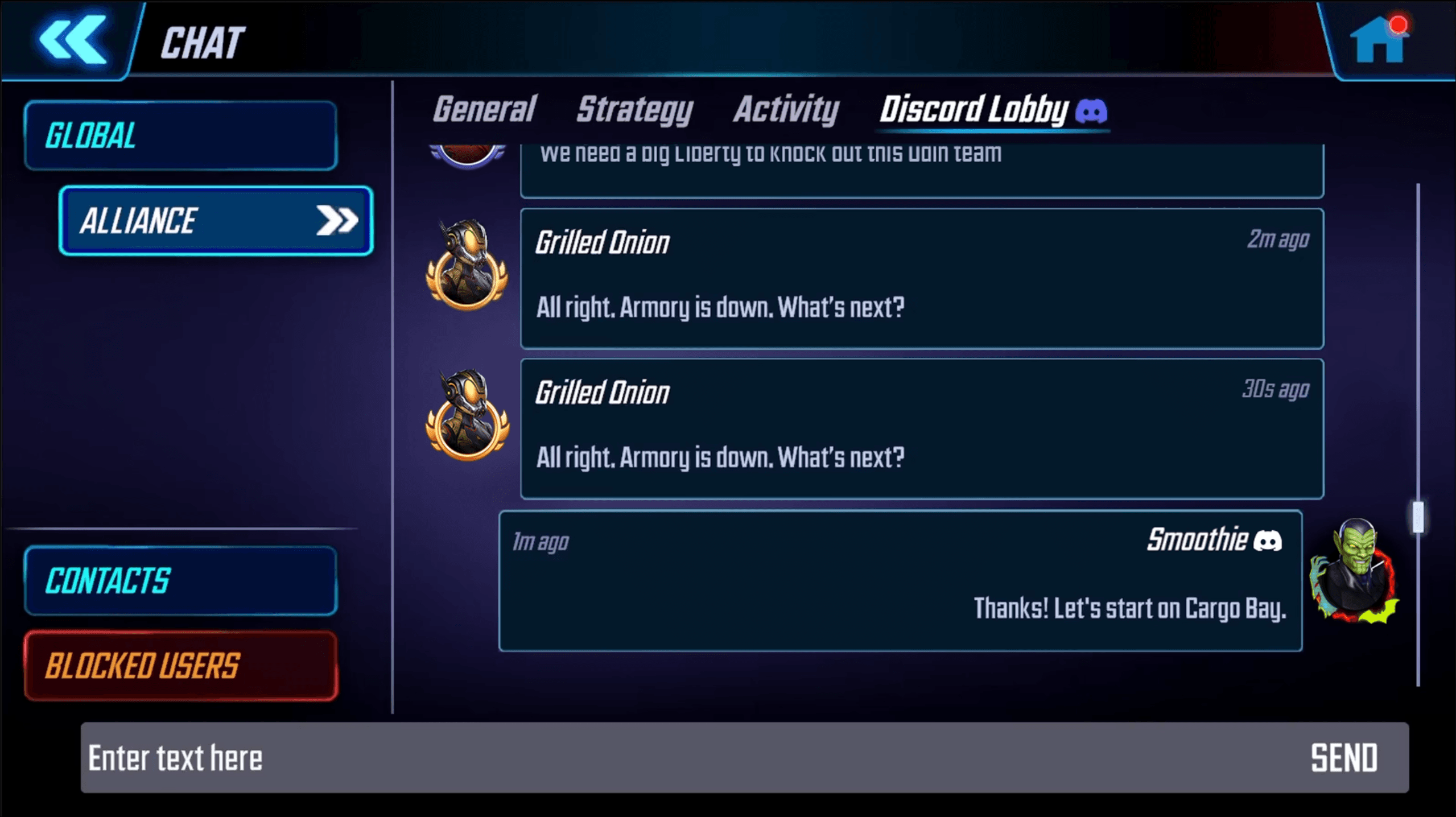 Discord Lobby 탭 통합이 있는 Marvel Strike Force Alliance 채팅 인터페이스