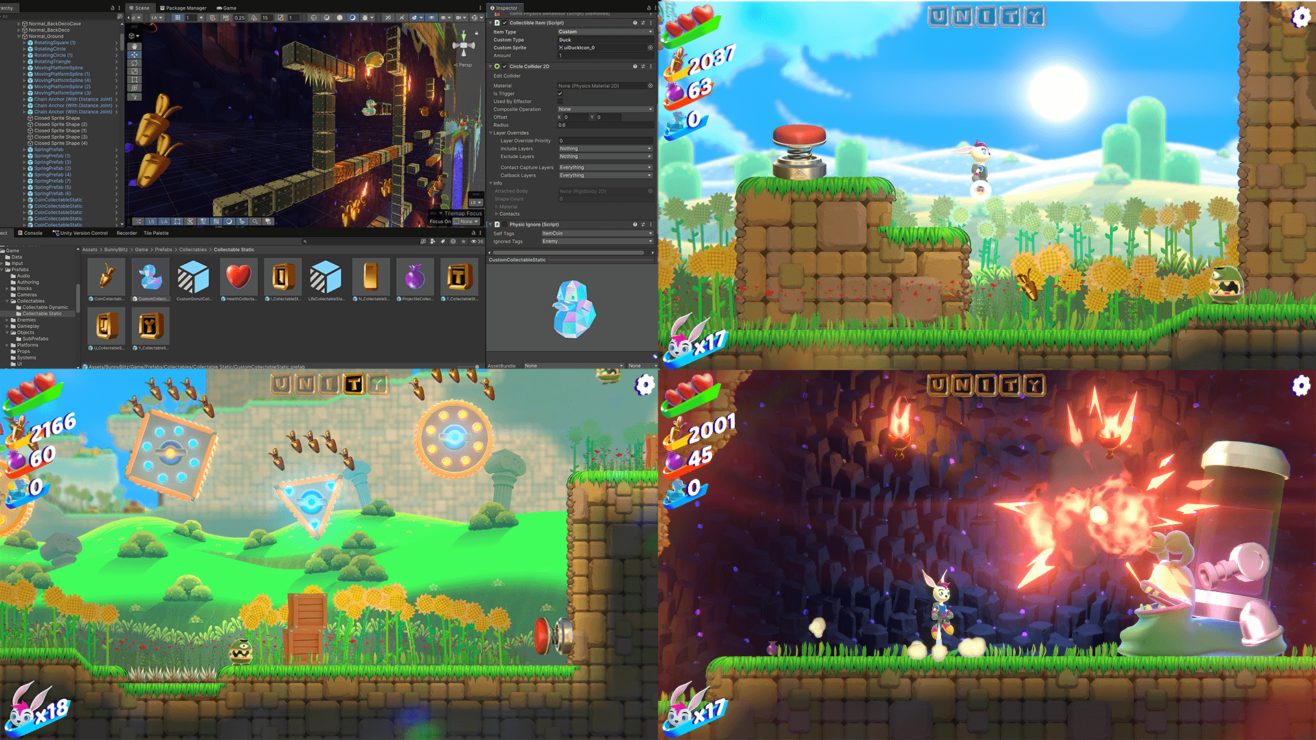 Four-panel composite showing Unity game engine development for a 2D platformer called "Bunny Blitz." Top-left panel shows the Unity Editor interface with a Scene view of a dungeon level, a Collectible Item script in the Inspector panel, and a Collectable Static folder in the Project window. The other three panels show in-game screenshots of a rabbit character in a sunflower meadow level, a colorful geometric obstacle level, and a dark cave level with fiery explosions, each with a HUD showing hearts, coin counts, and a bunny life counter.