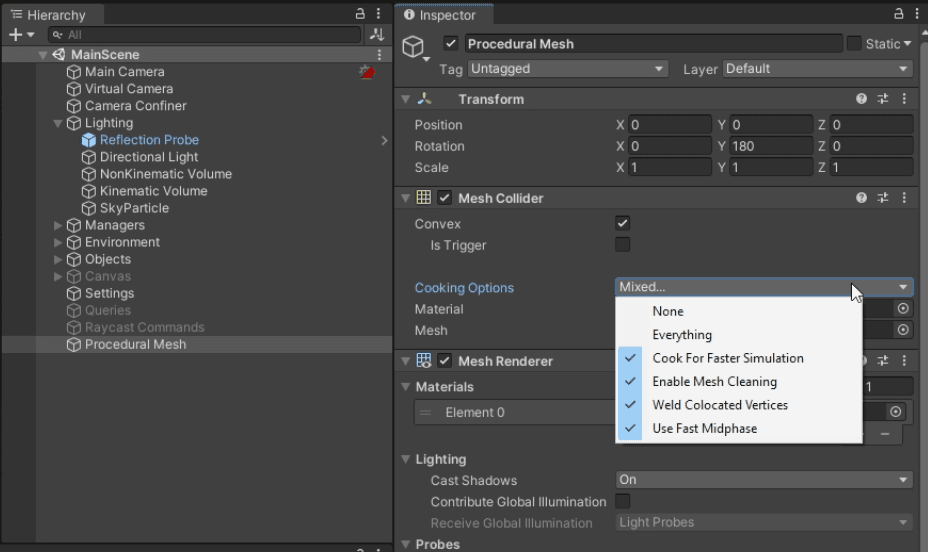 Cooking Options interface in Unity editor