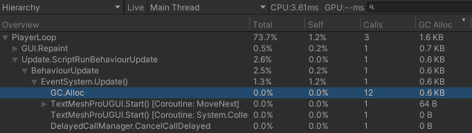 Utilizar la vista de Jerarquía en el módulo CPU Usage Profiler es una excelente manera de filtrar las asignaciones administradas y enfocarse en las que necesites.