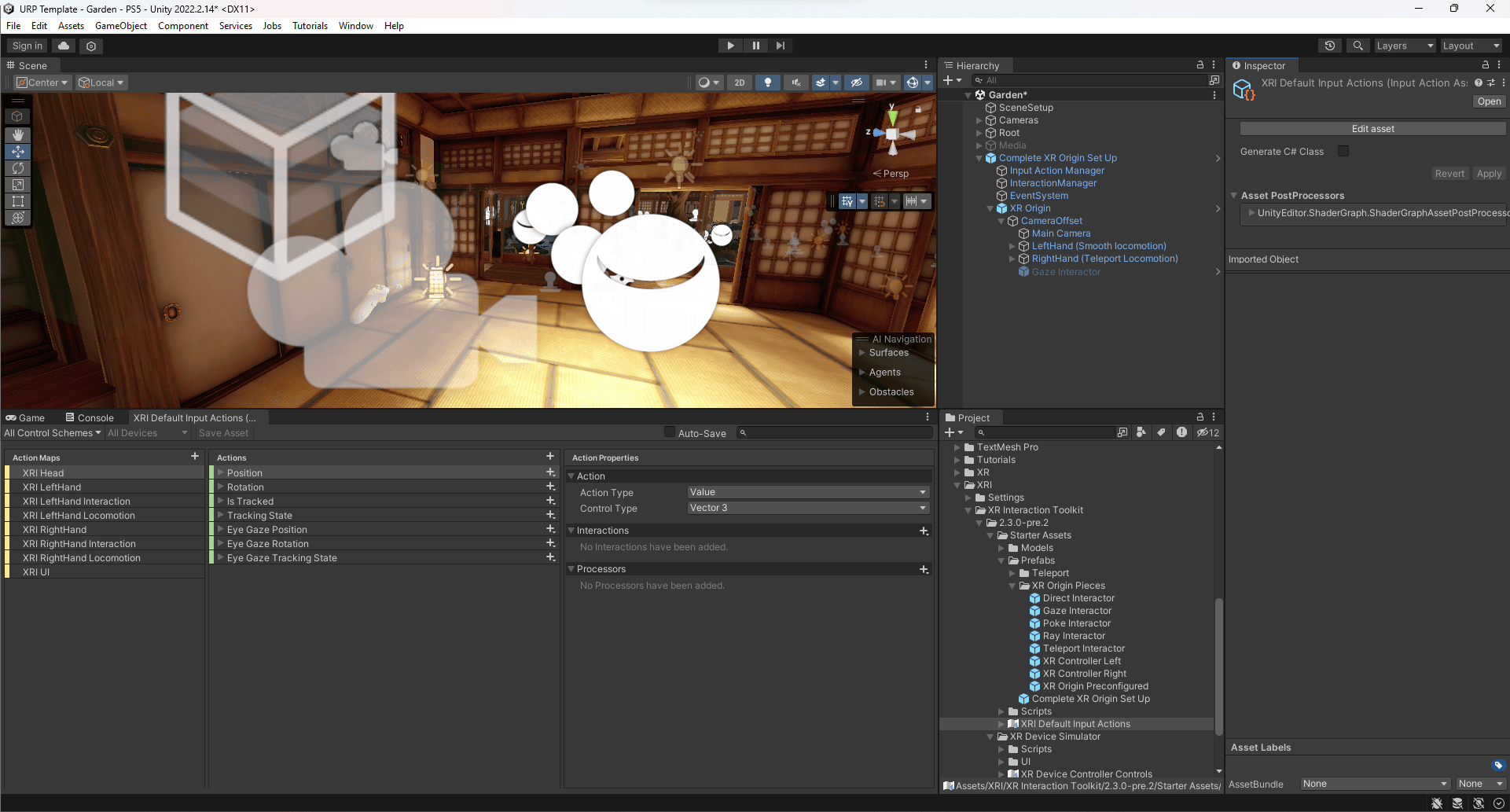 The XRI Default Input Actions map is used by the XR Origin Prefab to map common interactions across most VR platforms.