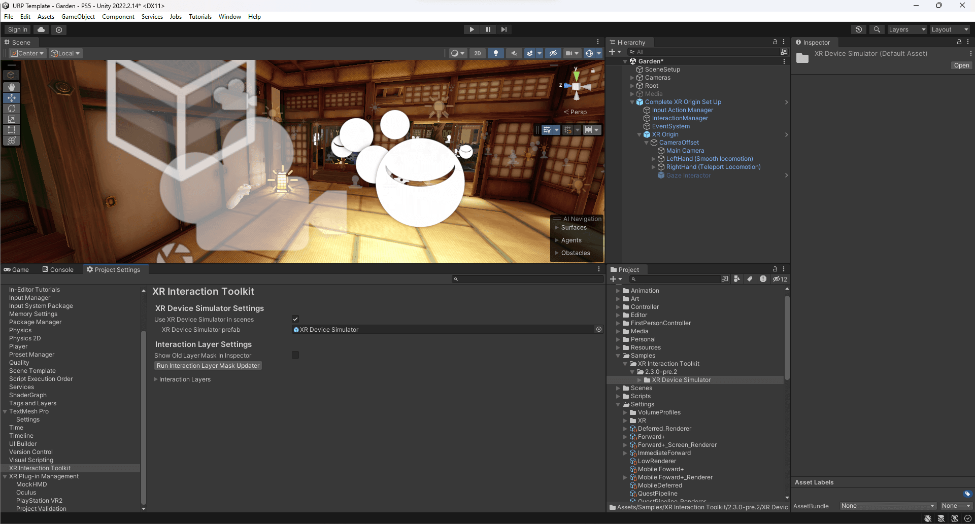 In the XR Interaction Toolkit tab of the Project Settings, enable the “Use XR Device Simulator in scenes” checkbox to add an instance of the selected XR Device Simulator Prefab when you enter Play mode.