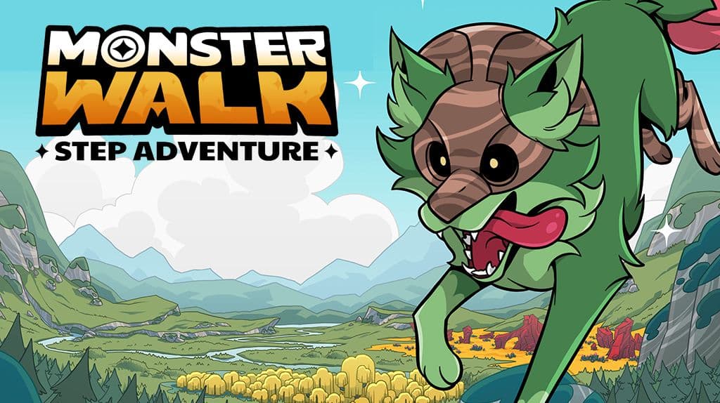 Promotional banner for "Monster Walk: Step Adventure" featuring a green wolf creature running through a vast mountain valley landscape.
