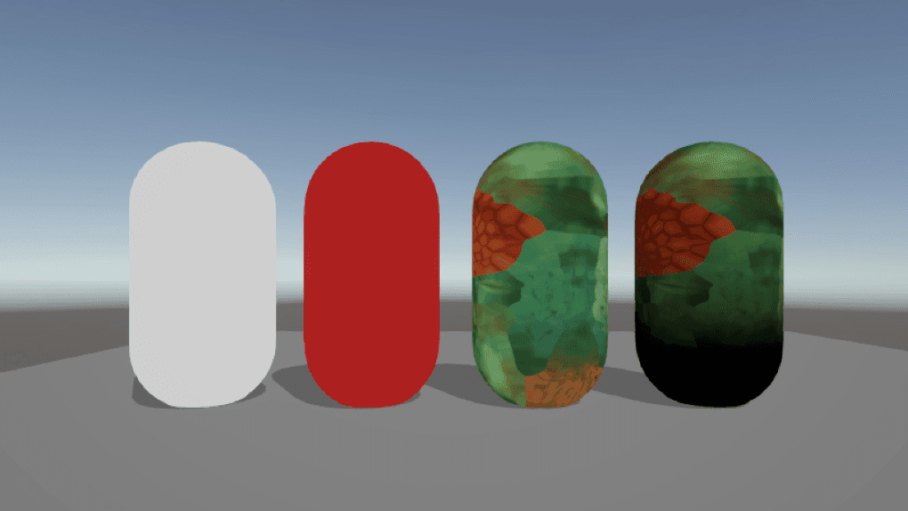 Custom shaders in URP in Unity 6, from left to right: Unlit hard coded white; unlit using property to set color; unlit using a texture, and simple Lambert lighting using the Main Light - floor.